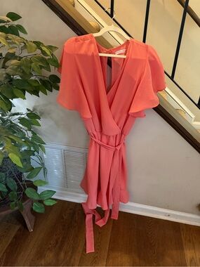 Chic Soul Coral Wrap Midi Dress with Ruffle Hem